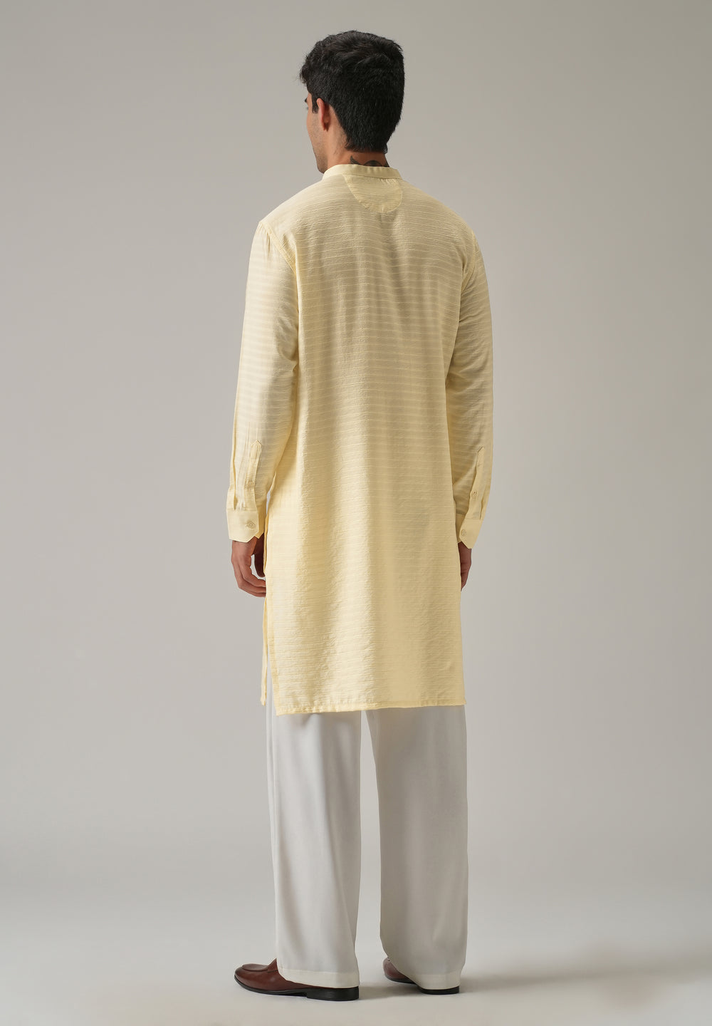 Yellow Nylon Self Stripe Kurta