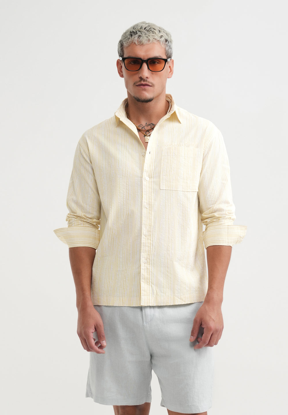 Yellow Textured Vertical Stripe Shirt
