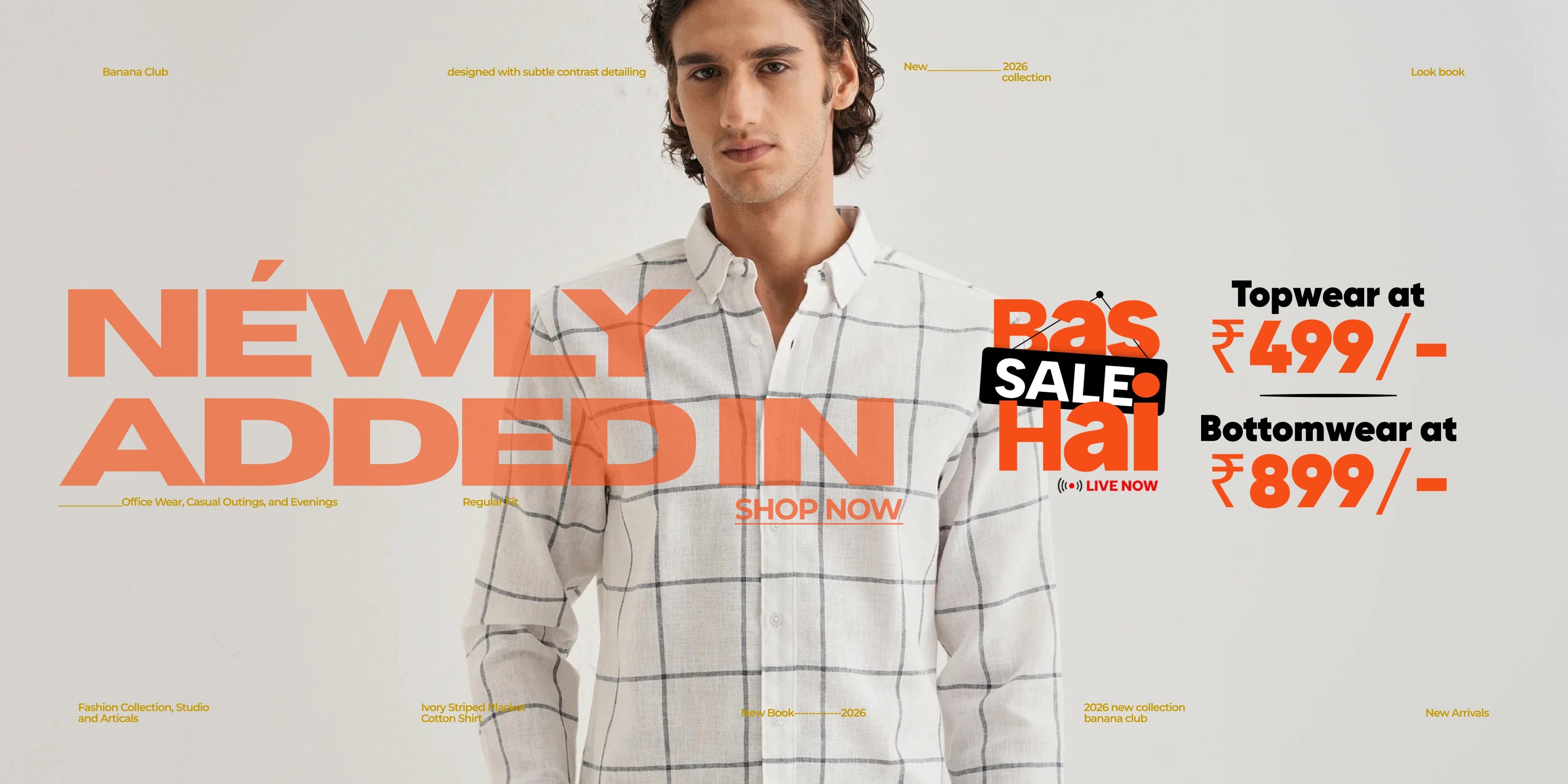 A male model wearing a white long-sleeve button-up shirt with a subtle gray windowpane plaid pattern, set against a light gray promotional background with orange and black text overlays advertising a sale.