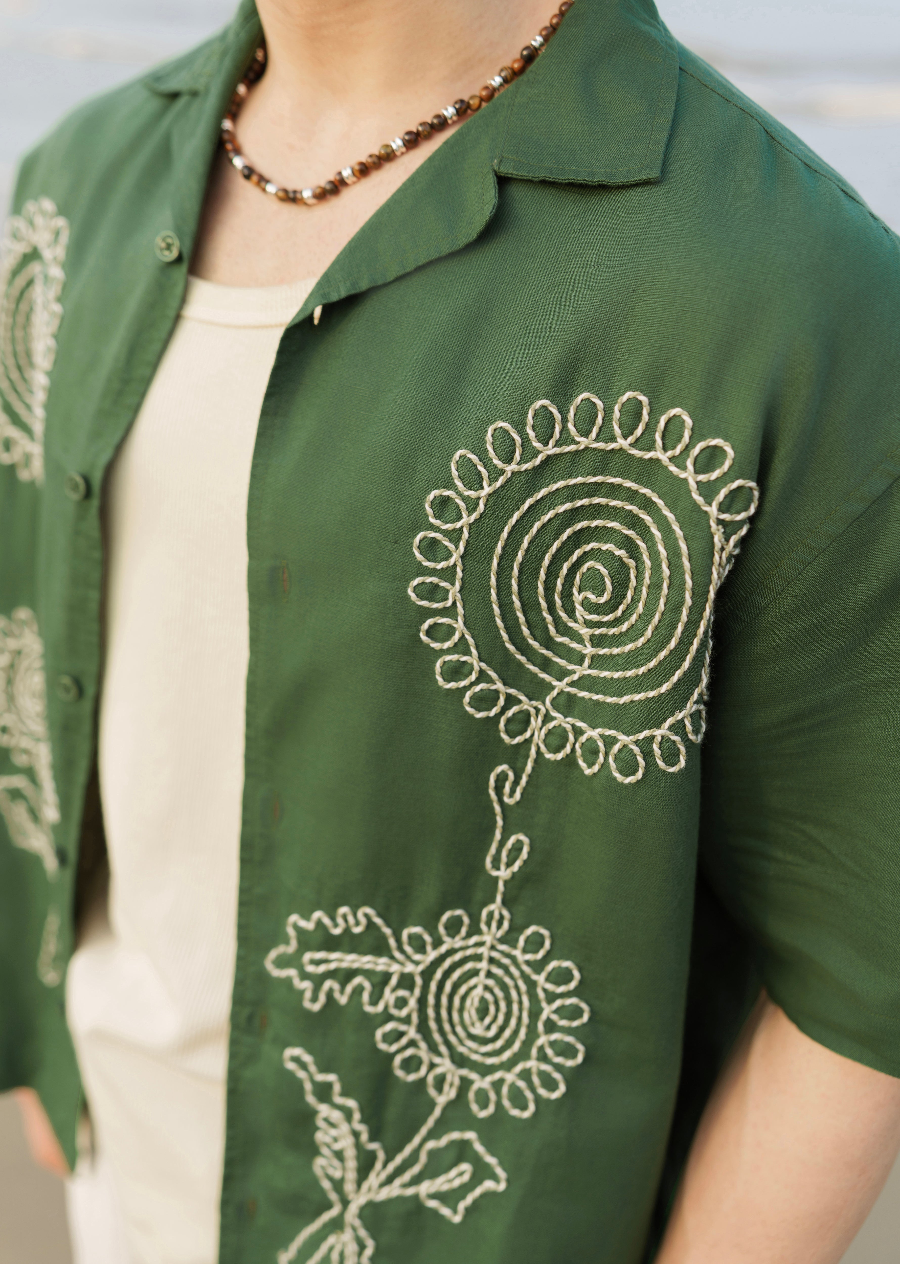 Green Floral Thread Work Shirt