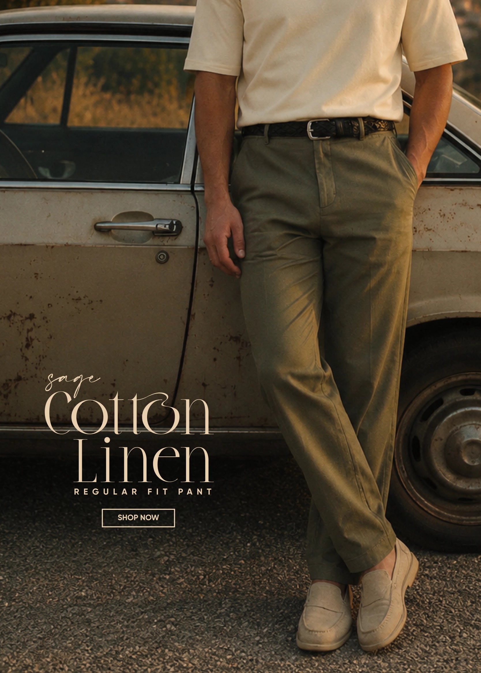 Person wearing green pants standing next to a vintage car with 'Cotton Linen' text overlay.