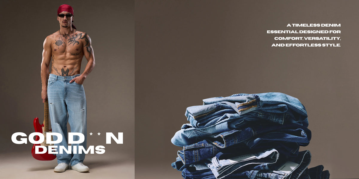 A promotional denim advertisement with a shirtless male model wearing light blue jeans and a red cap on the left, a stack of folded blue jeans on the right, and text reading 'GOD D * N DENIMS' and 'A TIMELESS DENIM ESSENTIAL DESIGNED FOR COMFORT, VERSATILITY, AND EFFORTLESS STYLE.'.