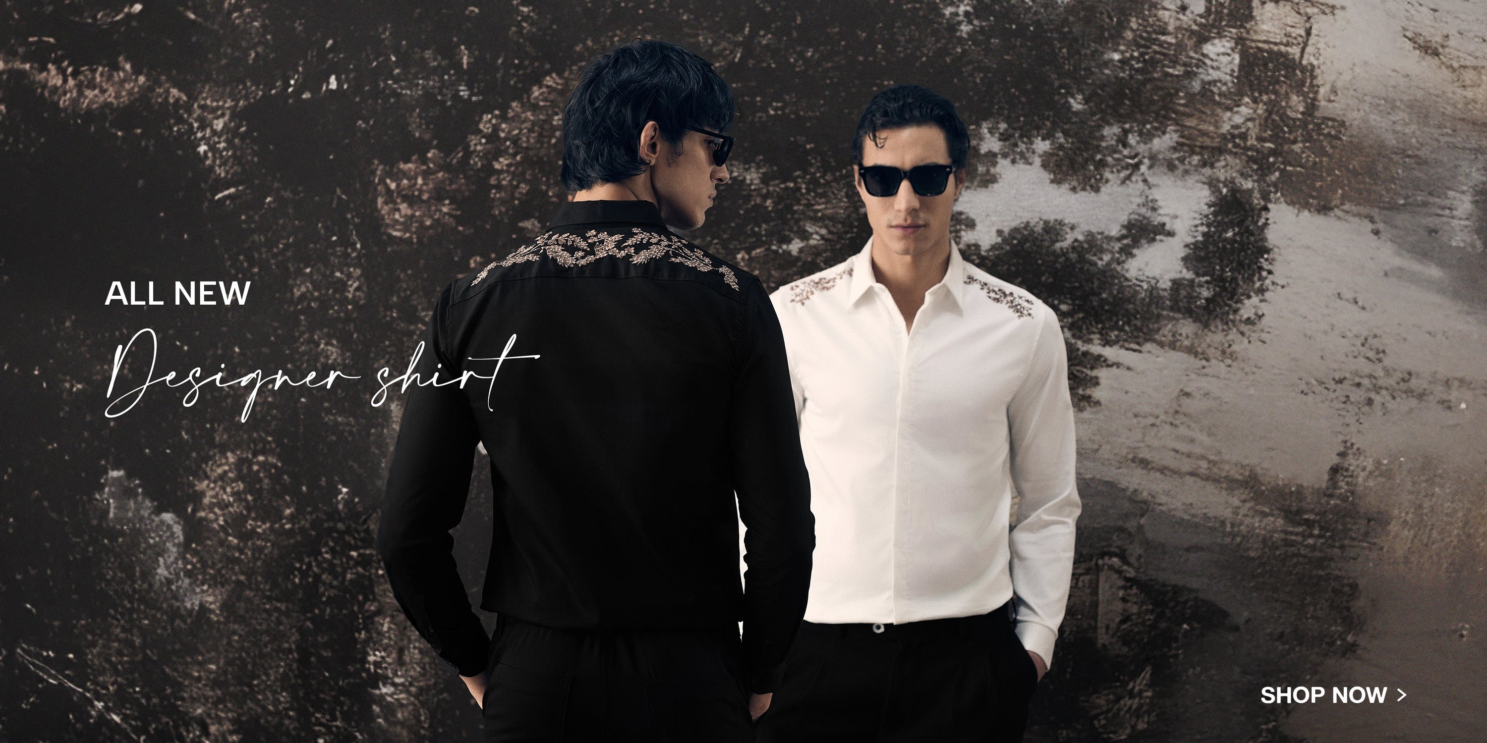 Two men wearing sunglasses with a textured background and text overlay for a designer shirt.