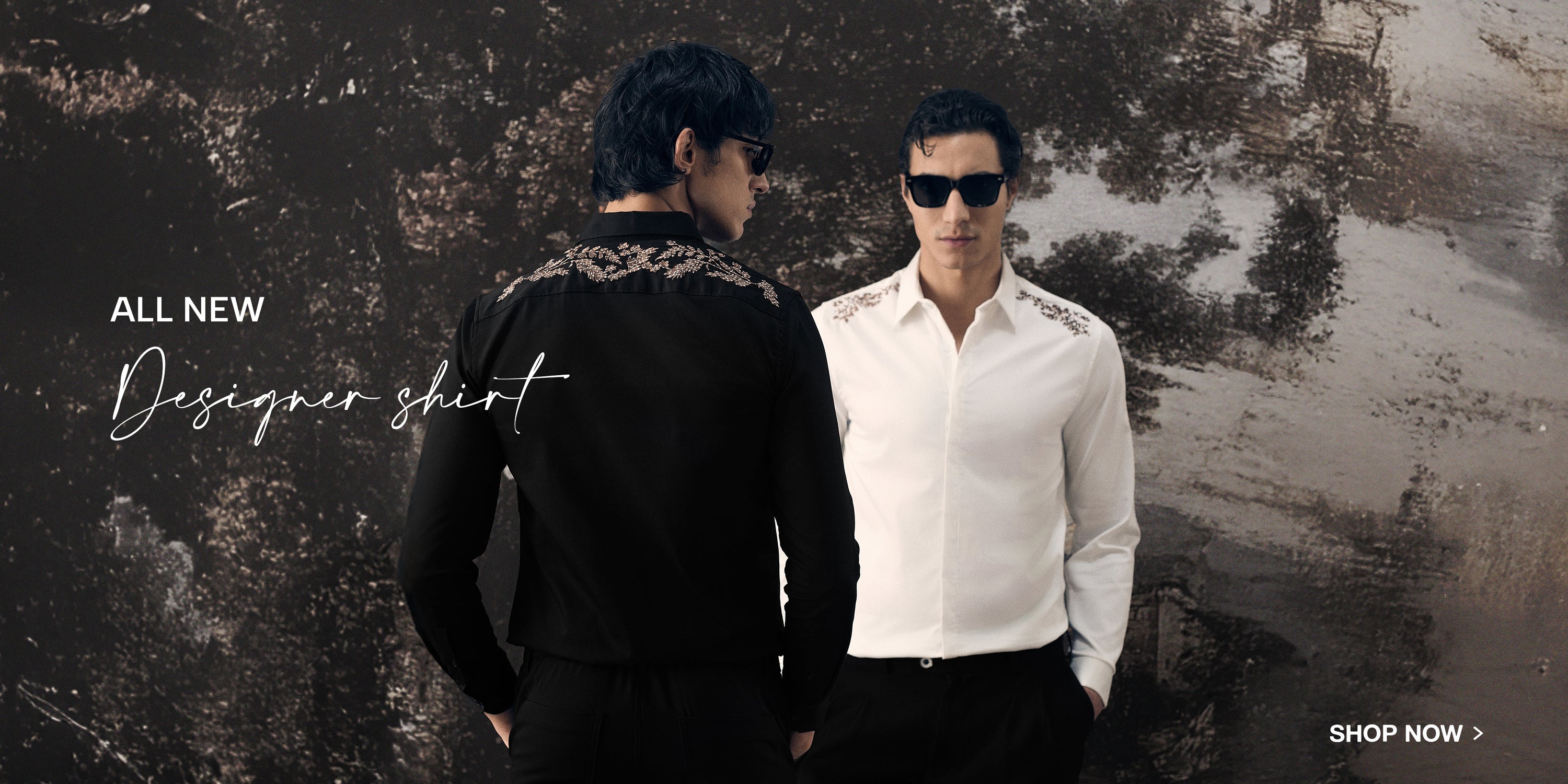 Two men wearing stylish outfits with text promoting a new designer shirt.