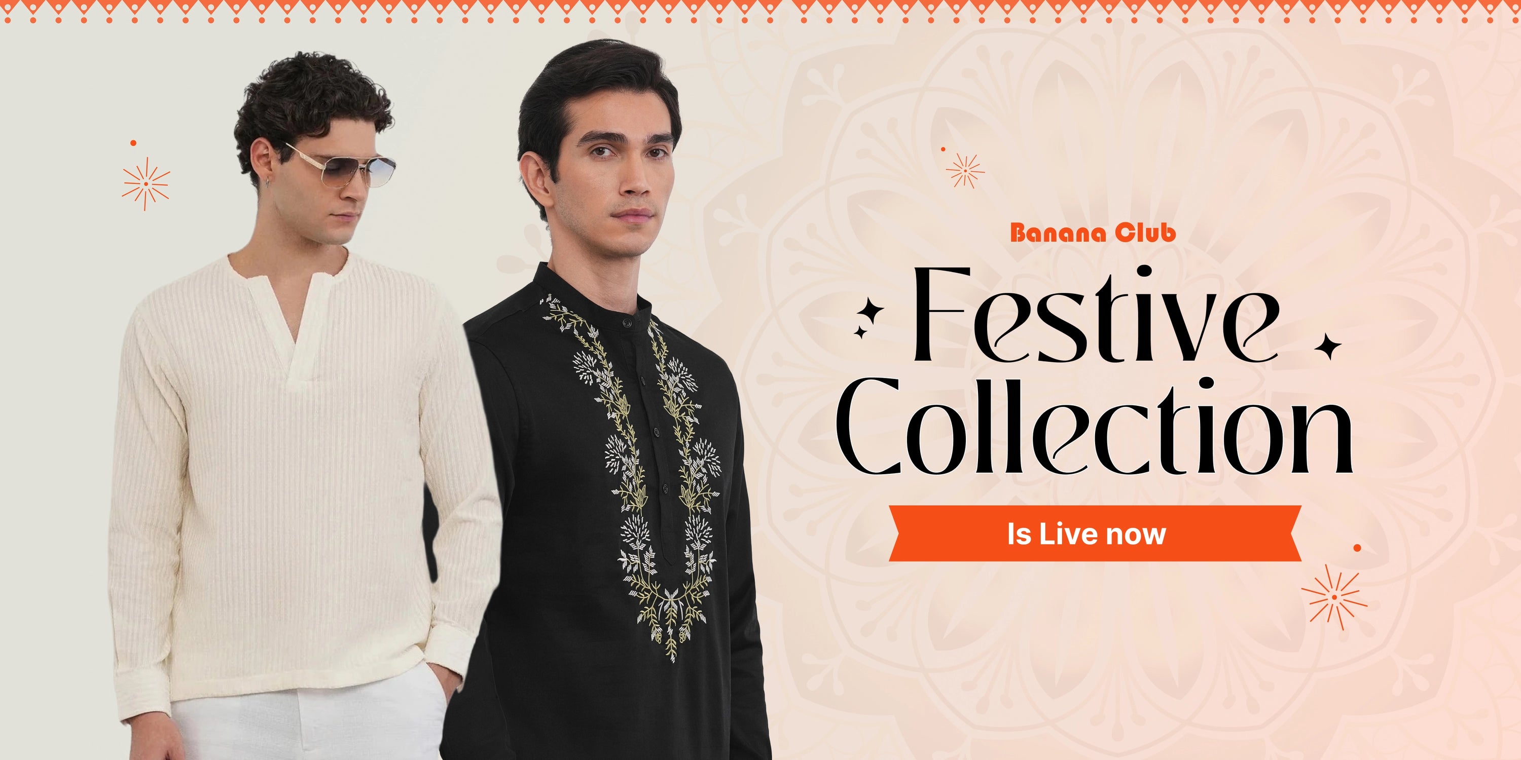 Two men modeling festive clothing with 'Banana Club' text and 'Festive Collection' label.