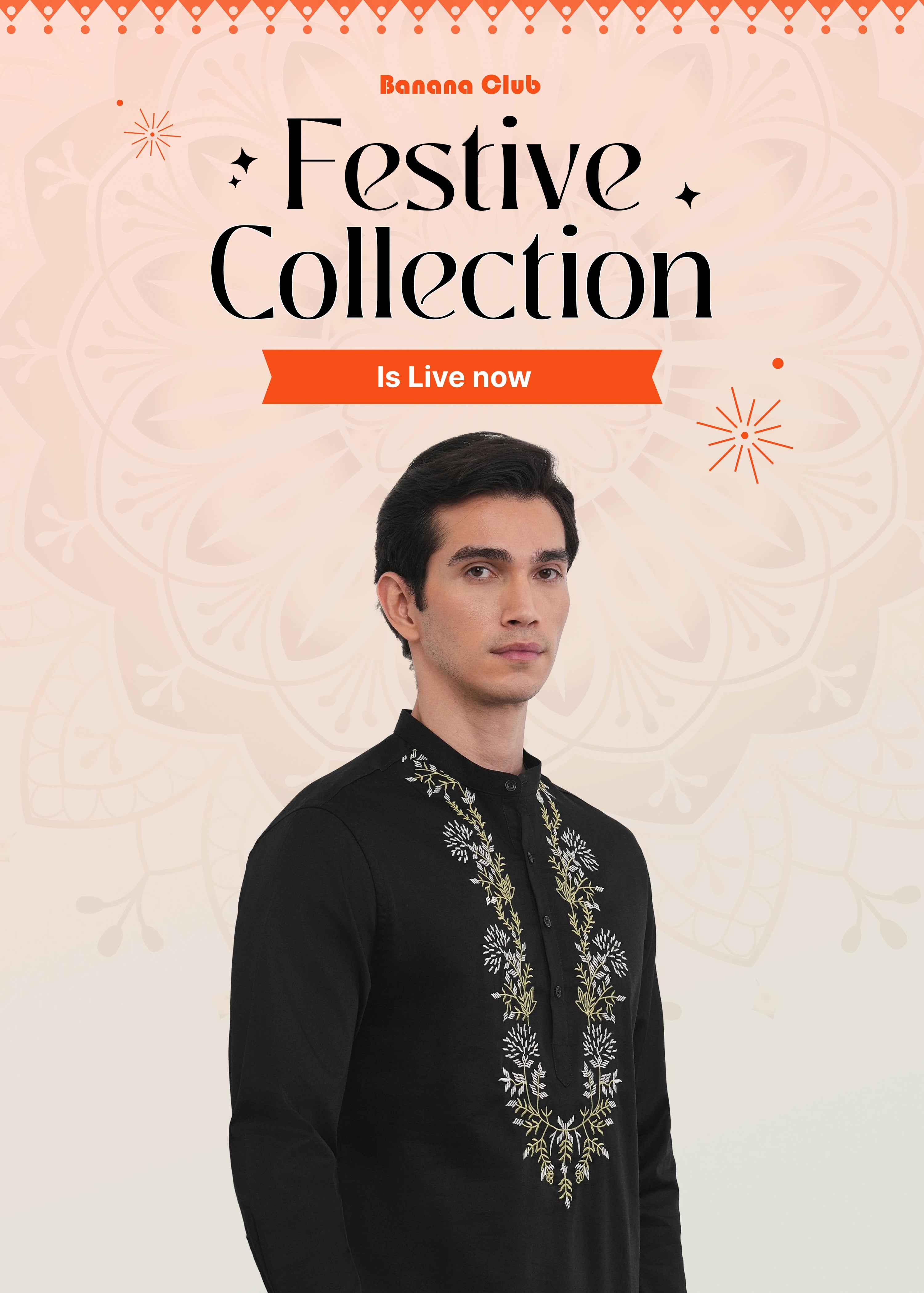 Promotional image of a man wearing a black embroidered shirt with 'Festive Collection' text and Banana Club branding.