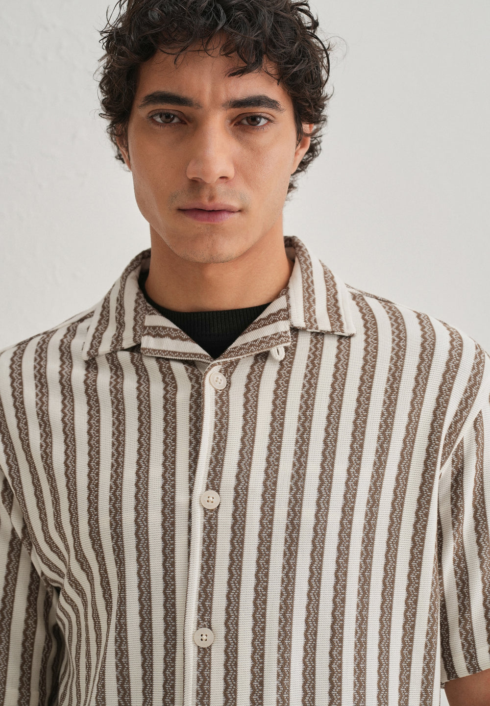 Brown Striped Knit Cuban Collar Shirt