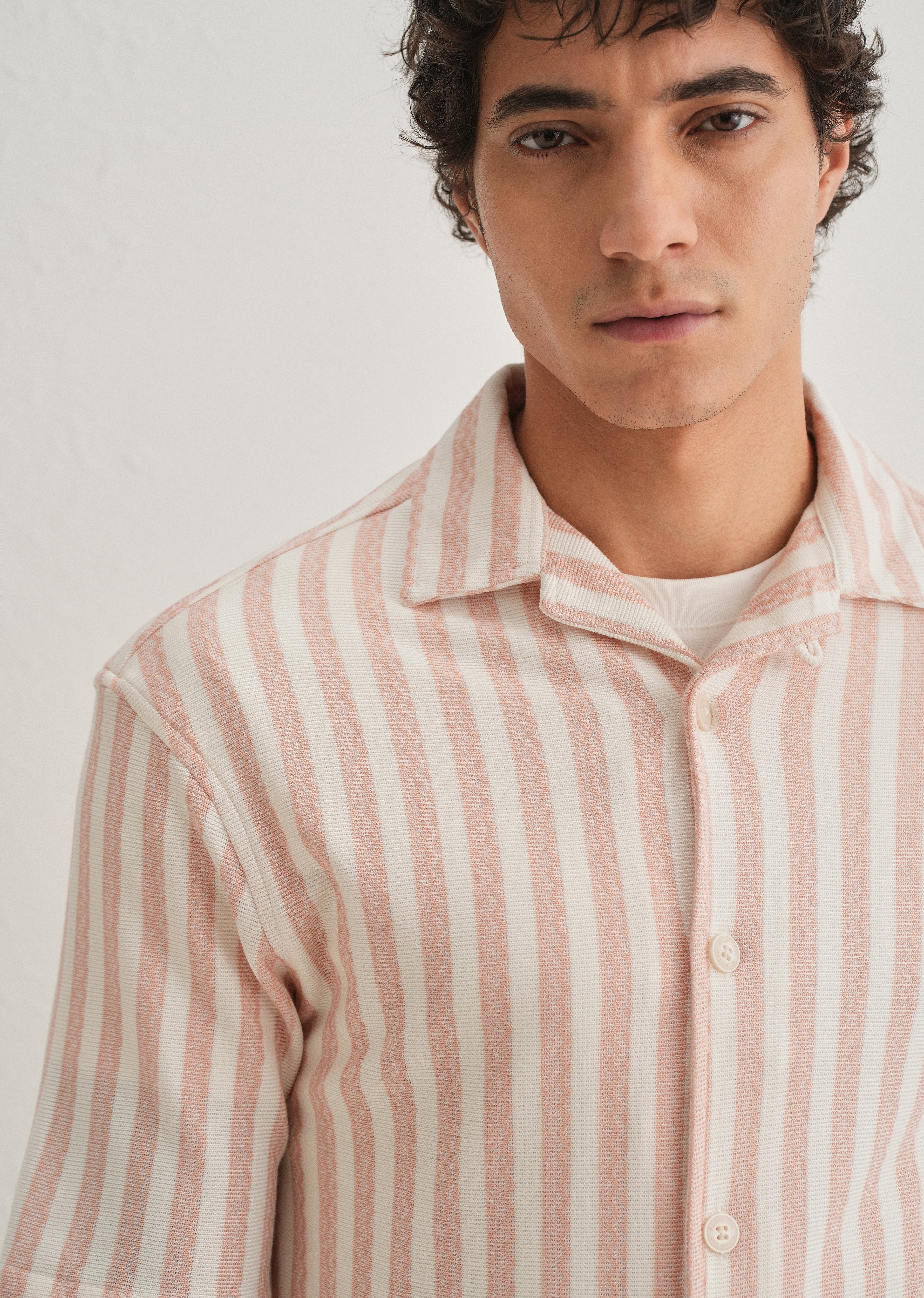 Peach Striped Knit Cuban Collar Shirt