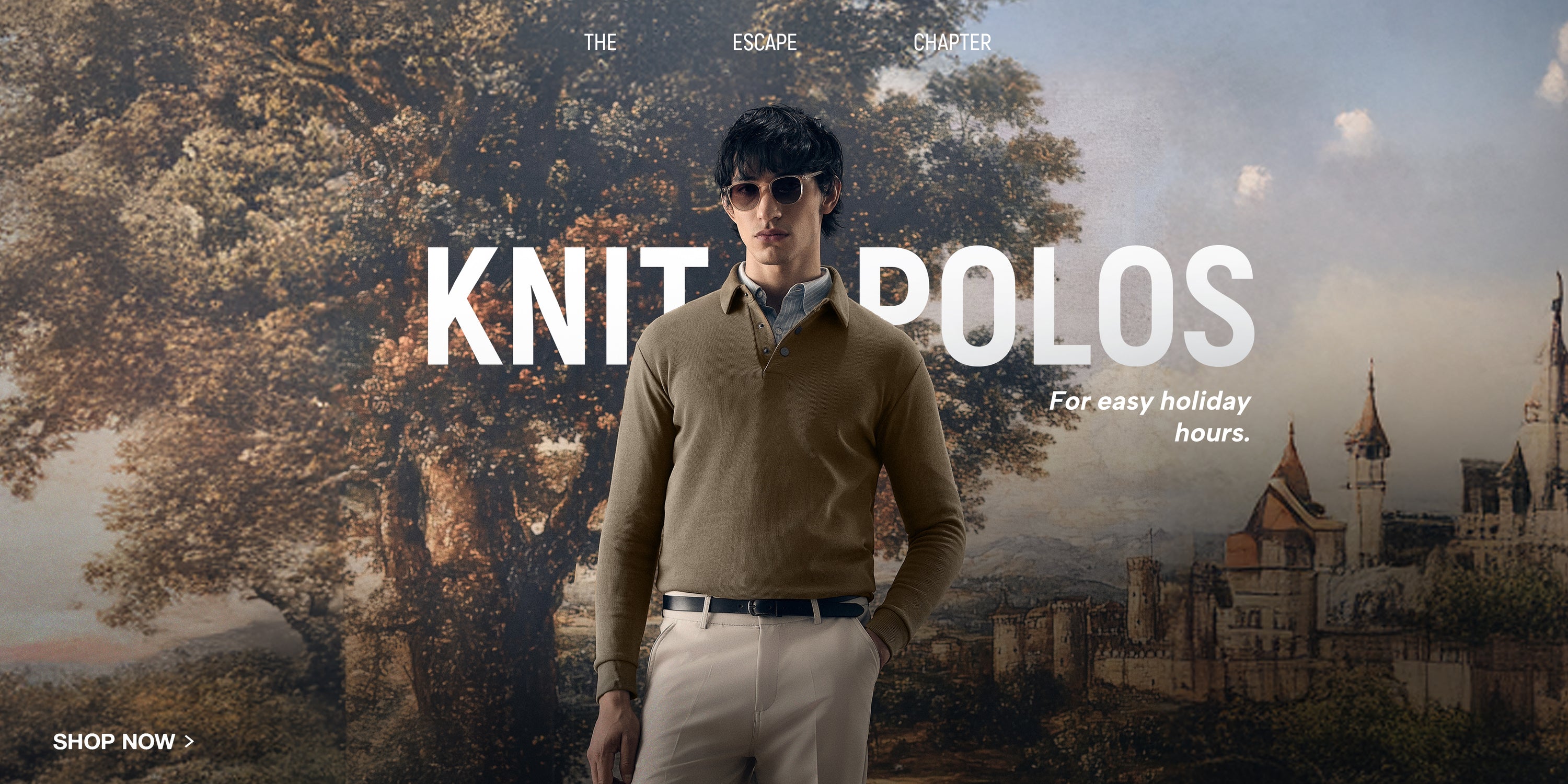 Man in a brown sweater and white pants standing in front of a scenic background with text about knit polos.