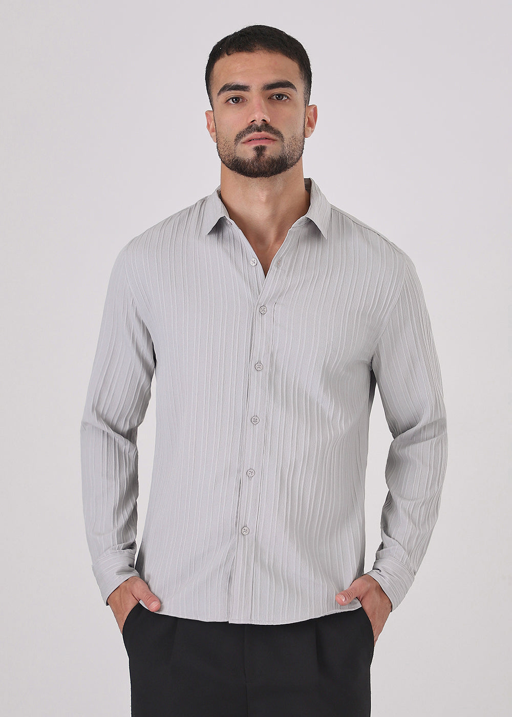 Light Grey Plain Self Striped Shirt