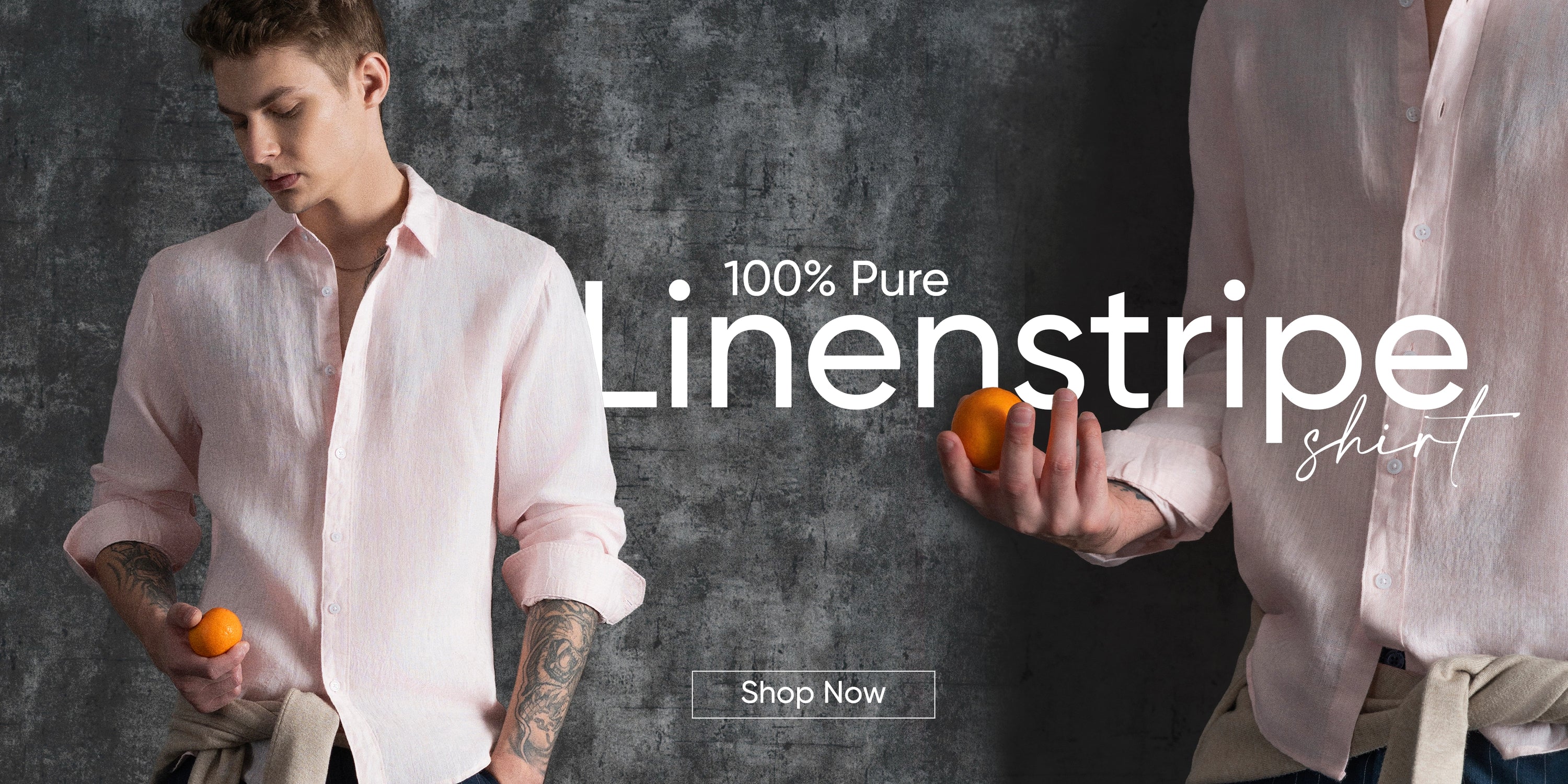 Man wearing a linen shirt holding oranges with '100% Pure Linenstripe Shirt' text on a dark background.