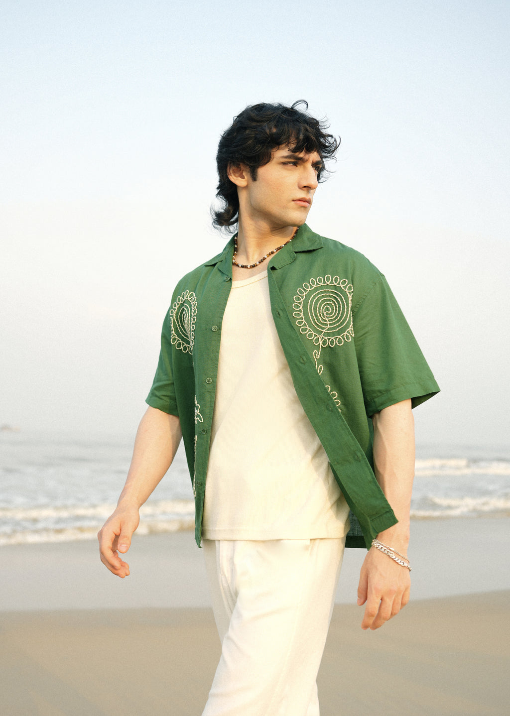 Green Floral Thread Work Shirt