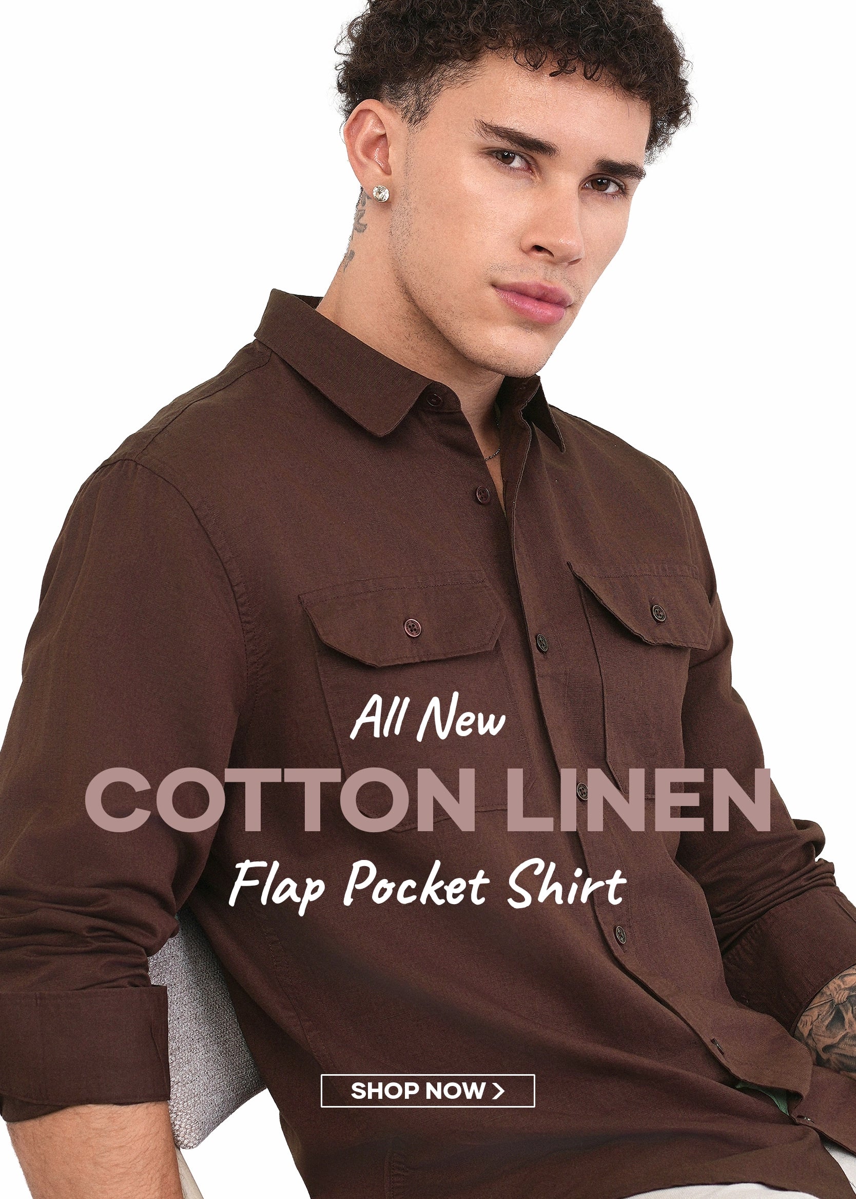 Man wearing a brown cotton linen flap pocket shirt with promotional text on a white background