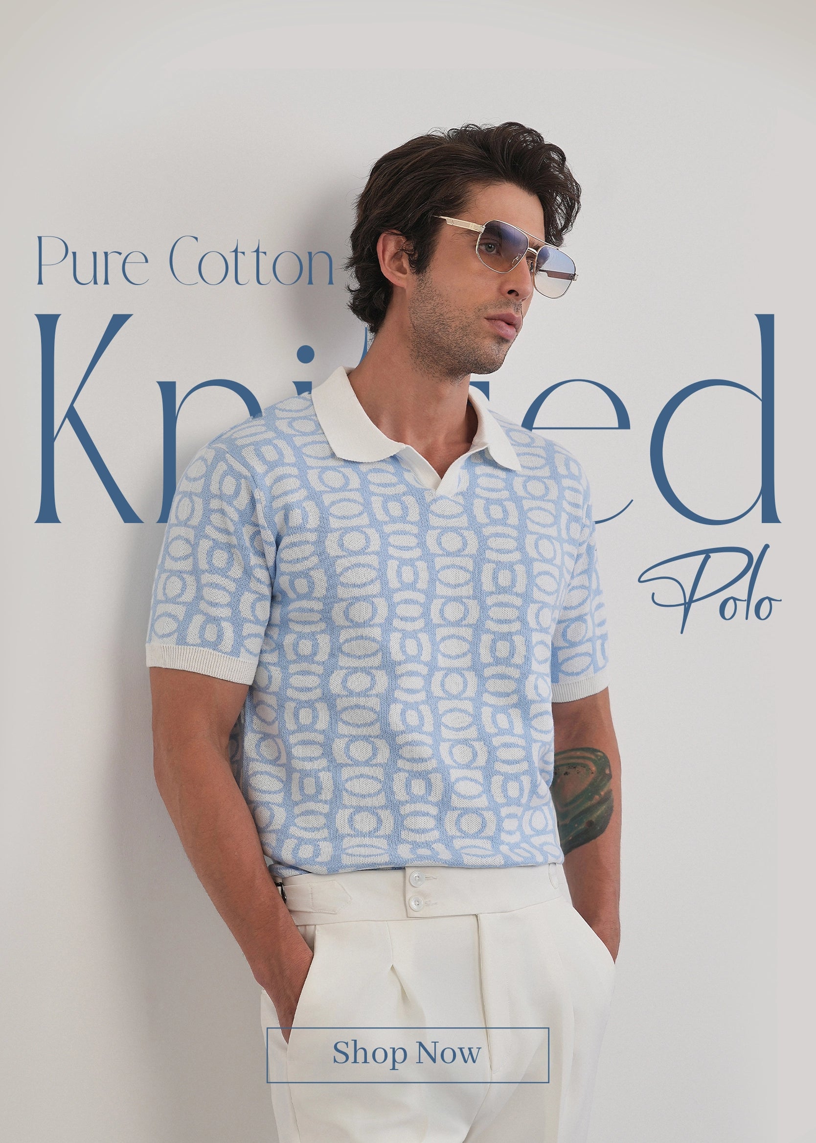 Man wearing a patterned polo shirt with text about 'Pure Cotton Knitted Polo' on a white background.