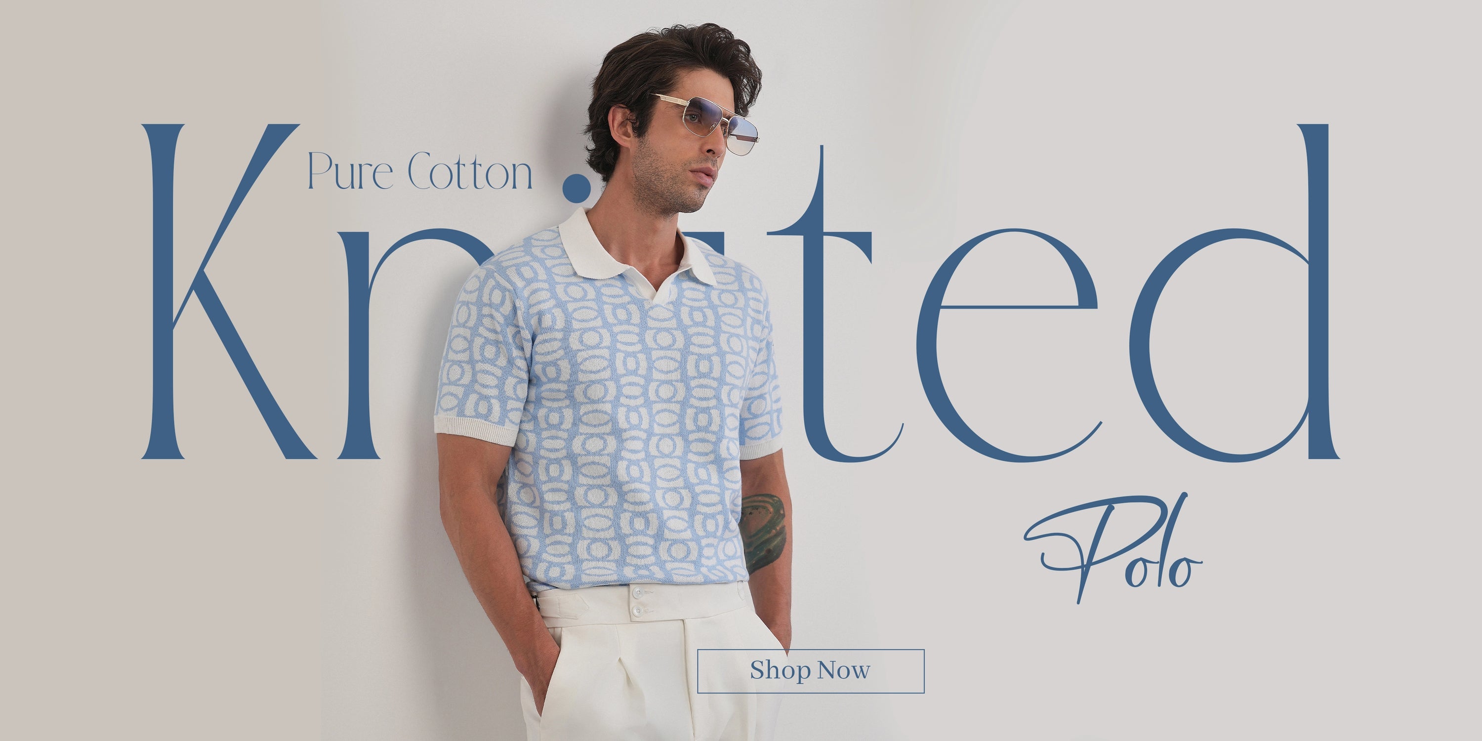 Man wearing a patterned polo shirt with 'Knitted Polo' text and 'Shop Now' button on a light gray background
