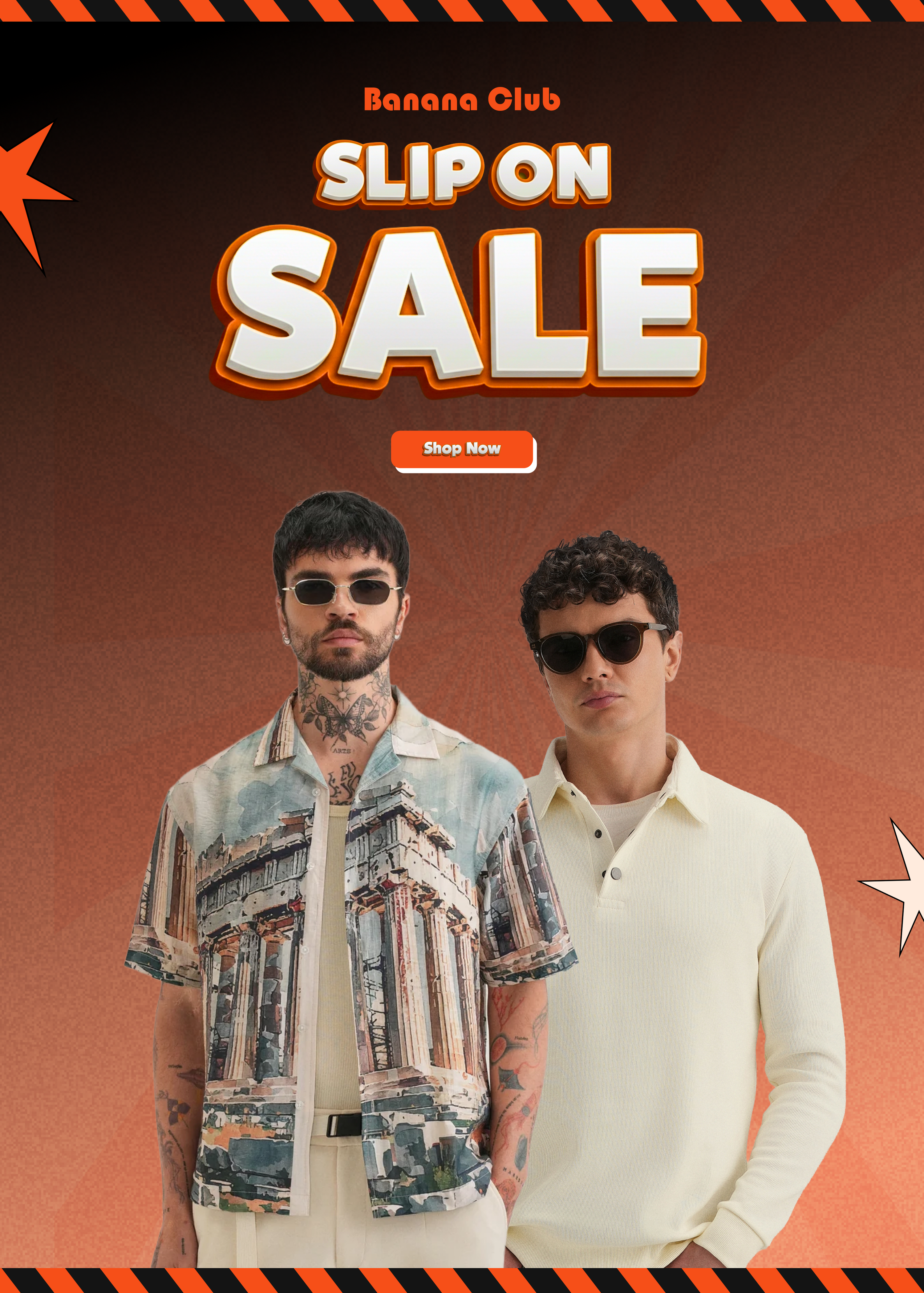 Two men wearing sunglasses with a 'Slip On Sale' banner and 'Banana Club' branding on an orange background.