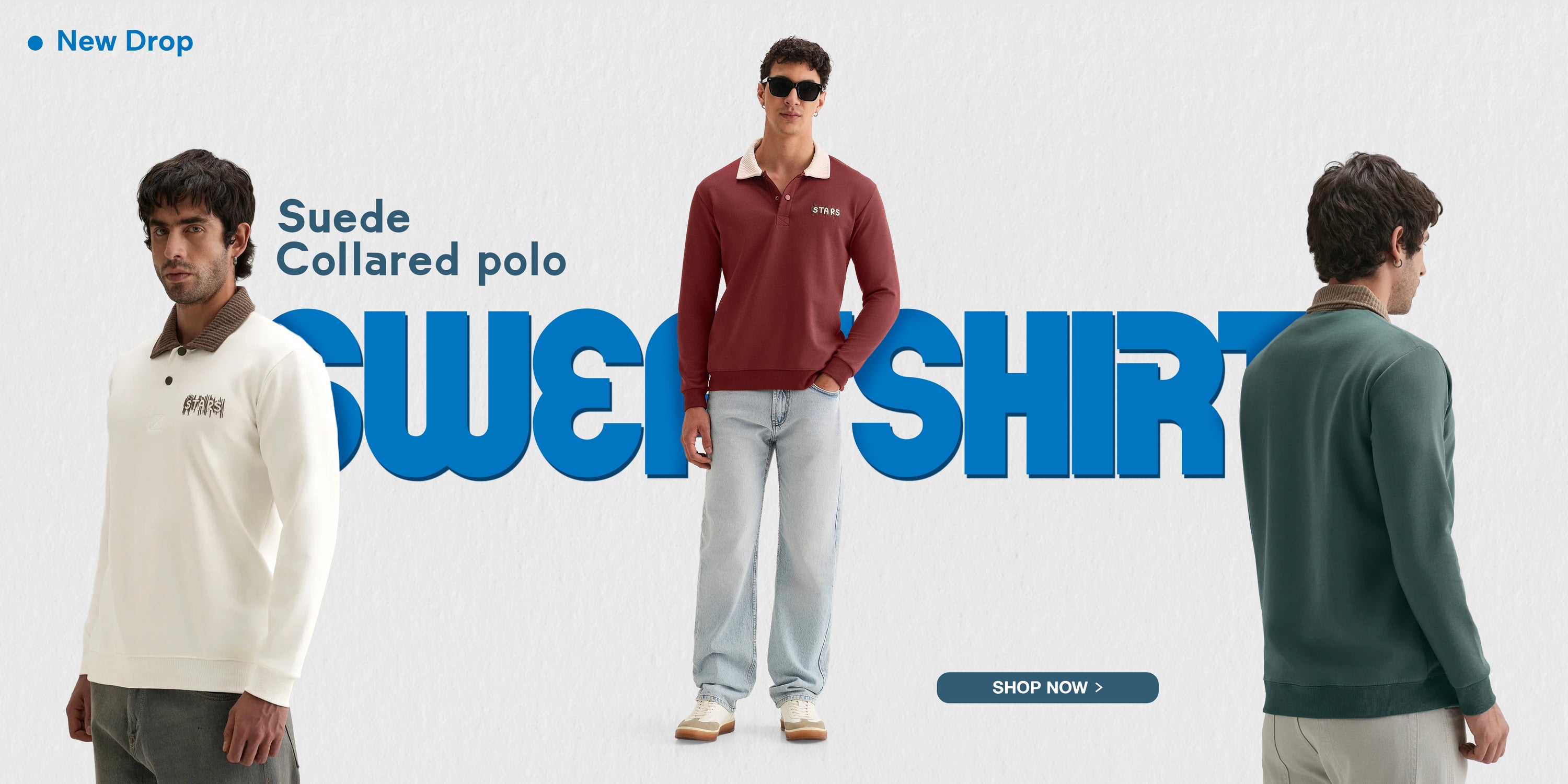 Three men modeling different shirts with promotional text on a white background