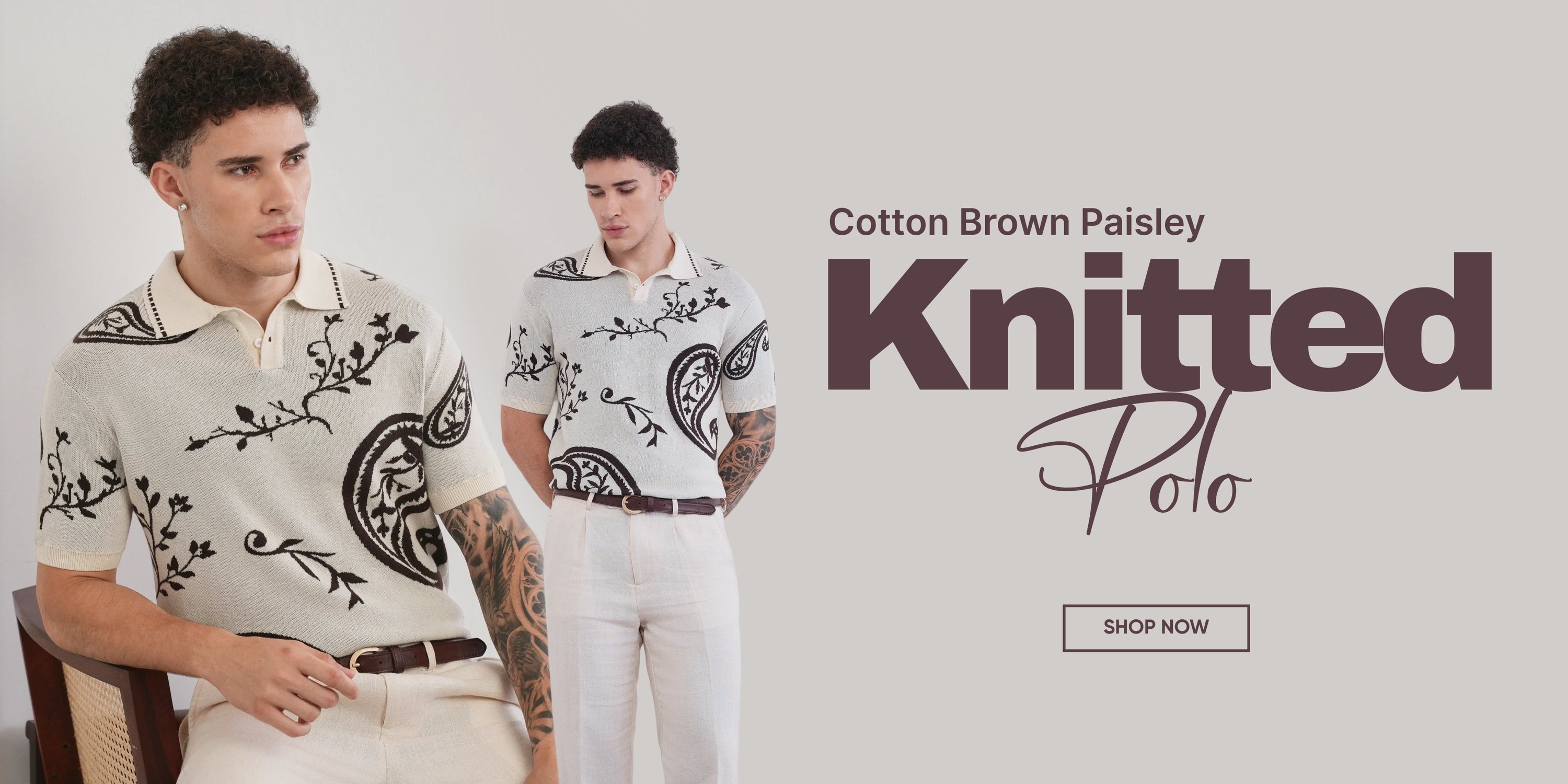 Man wearing a cotton brown paisley knitted polo shirt with text and 'Shop Now' button on a light gray background.