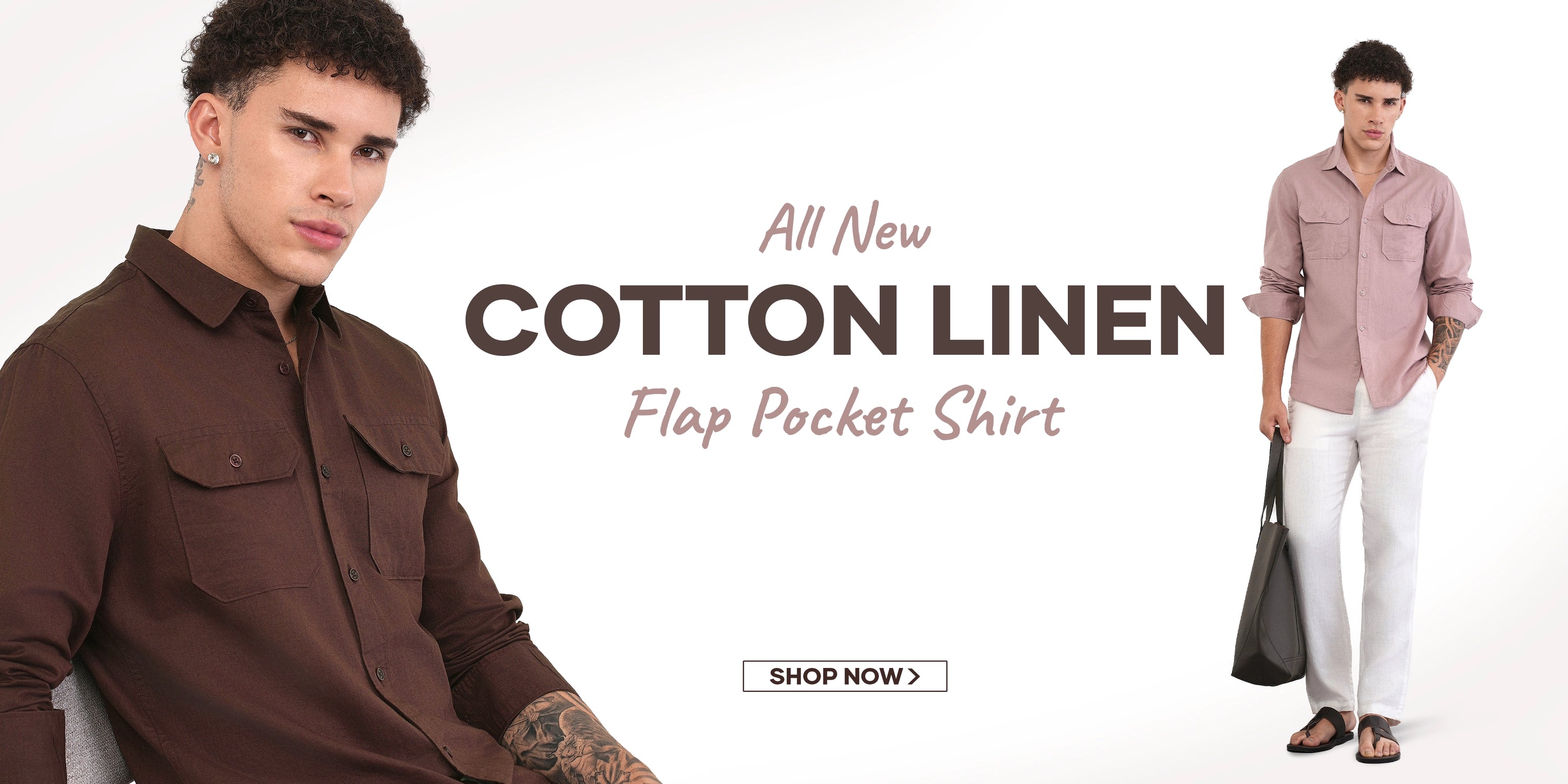 Two men wearing flannel shirts with promotional text for a new cotton linen flap pocket shirt.